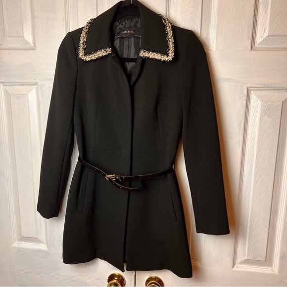ZARA Black Fitted Belted Blazer Frock Coat with Pearl Laced Lapels - Size XS - Picture 5 of 12